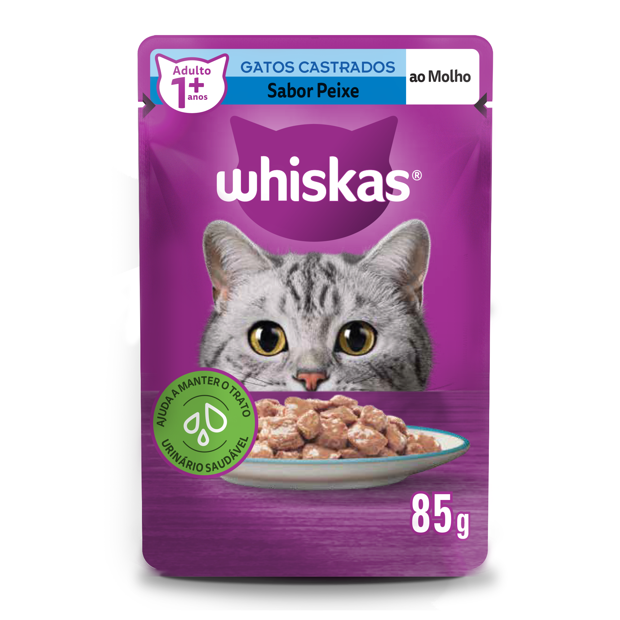Ração Úmida Whiskas Sachê Peixe ao Molho para Gatos Adultos Castrados 85 g 10un