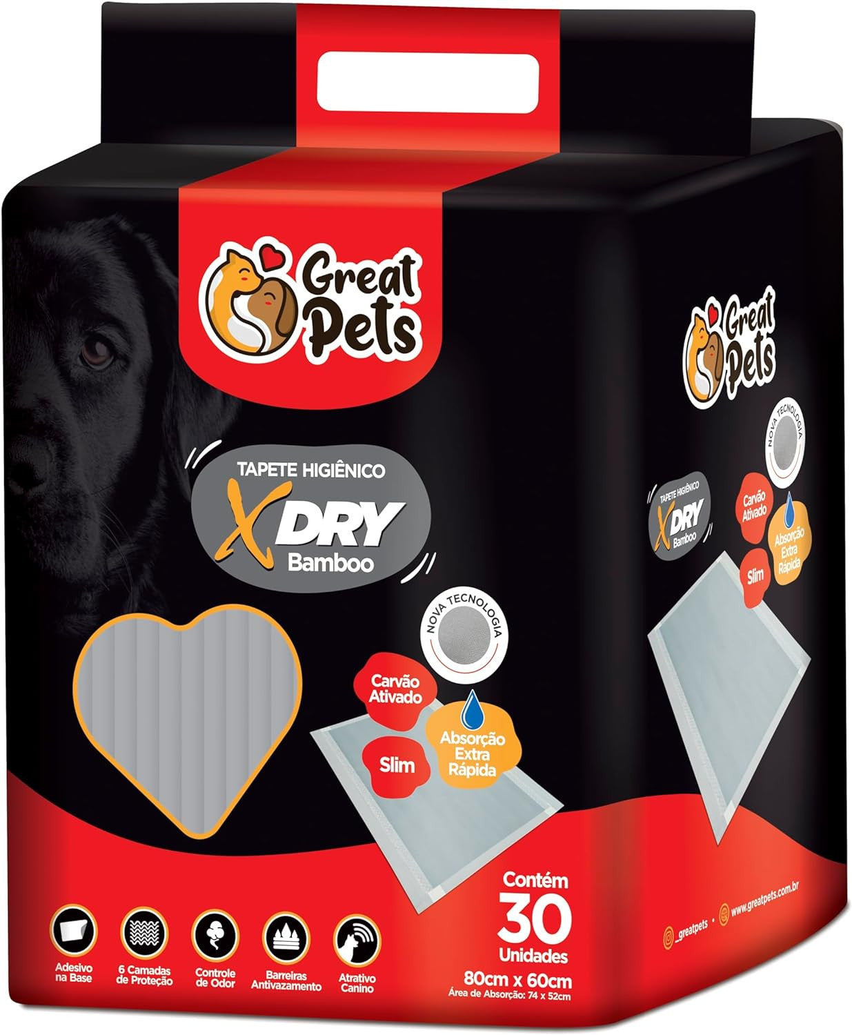 Tapete Higiênico Bamboo com Carvão Ativado 80 X 60Cm Great Pets 30Un