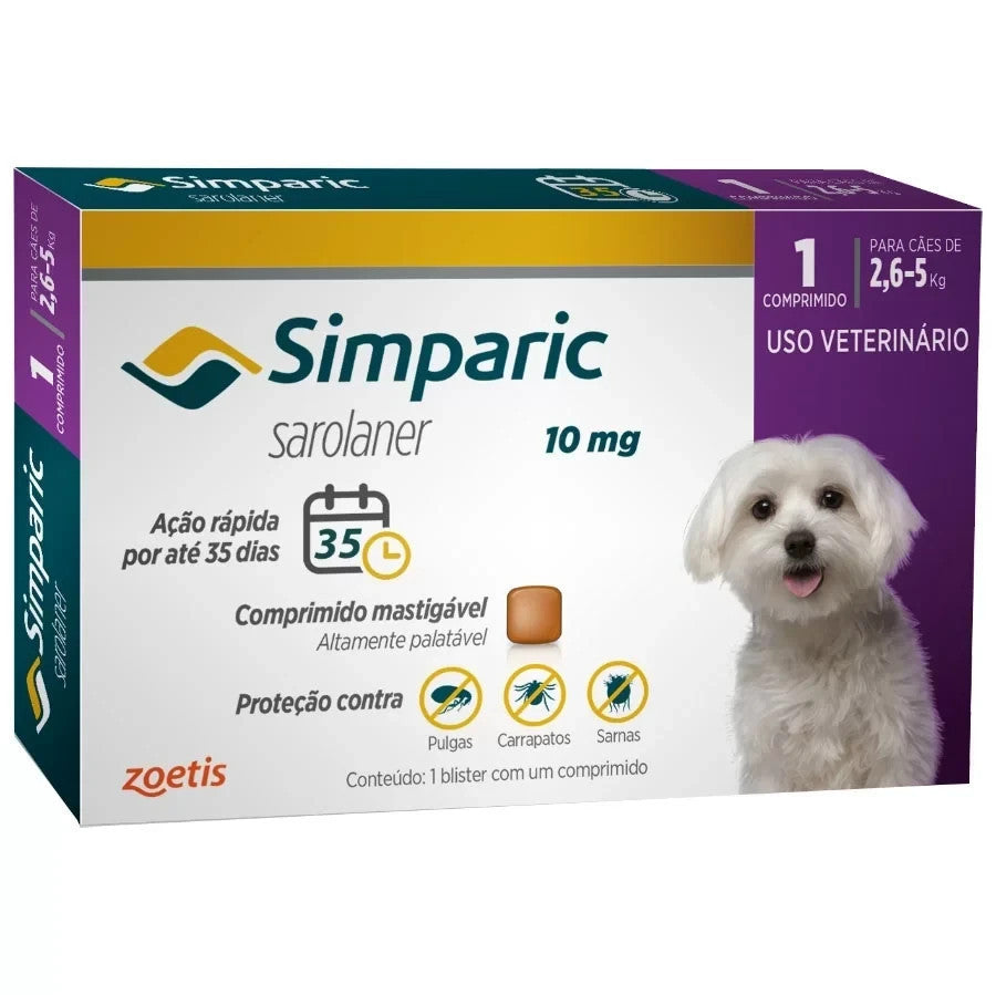 Antipulga Simparic 10Mg para Cães de 2,6 a 5Kg Zoetis Caixa com 1 Comprimido