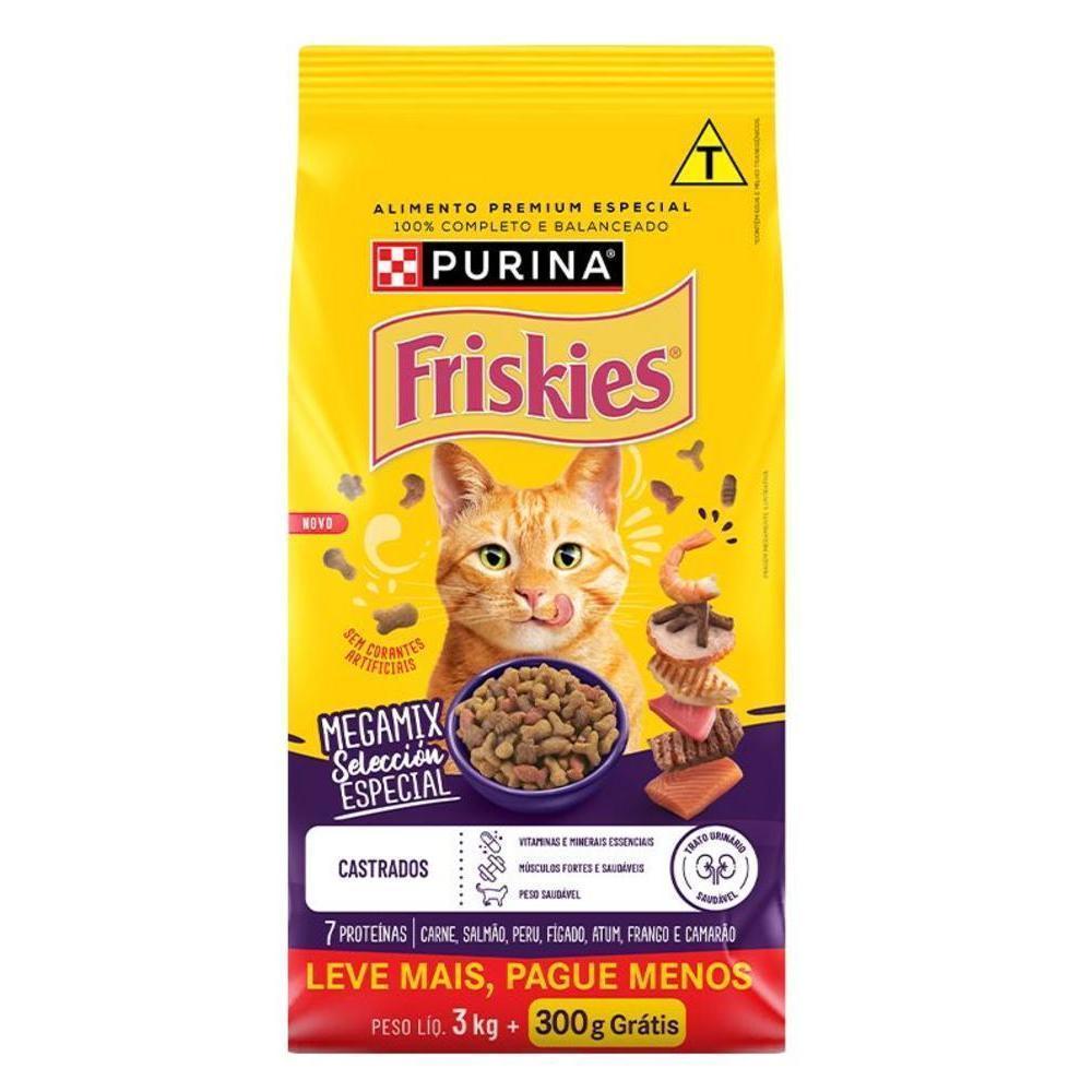 Ração PURINA® FRISKIES® Megamix Gatos Castrados Leve 3,3kg Pague 3kg