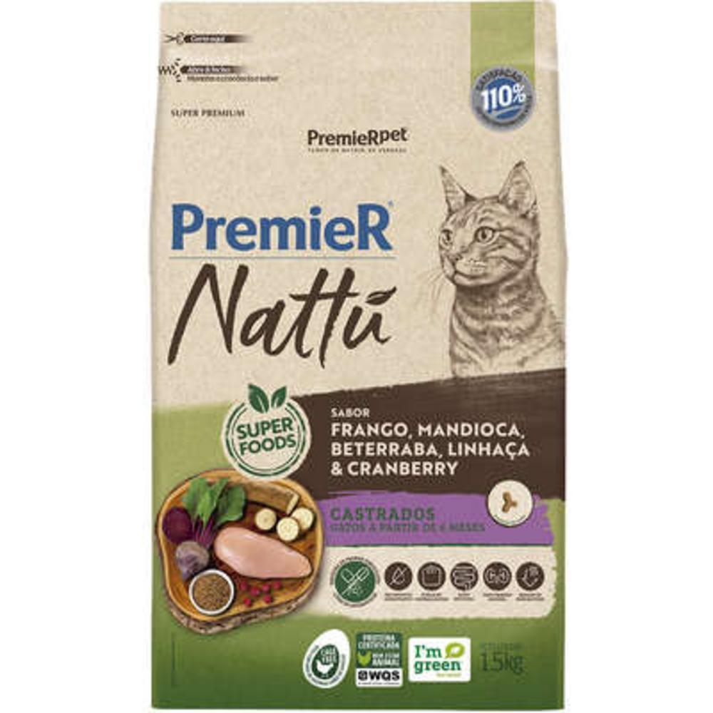Ração Seca PremieR Nattú Mandioca para Gatos Castrados - 1,5Kg