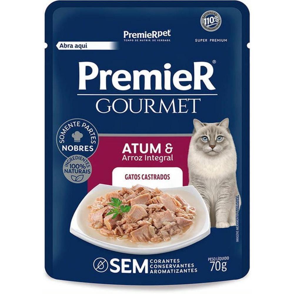 Ração Úmida Sachê Premier Gatos Castrados Sabor Atum e Arroz Integral 70G