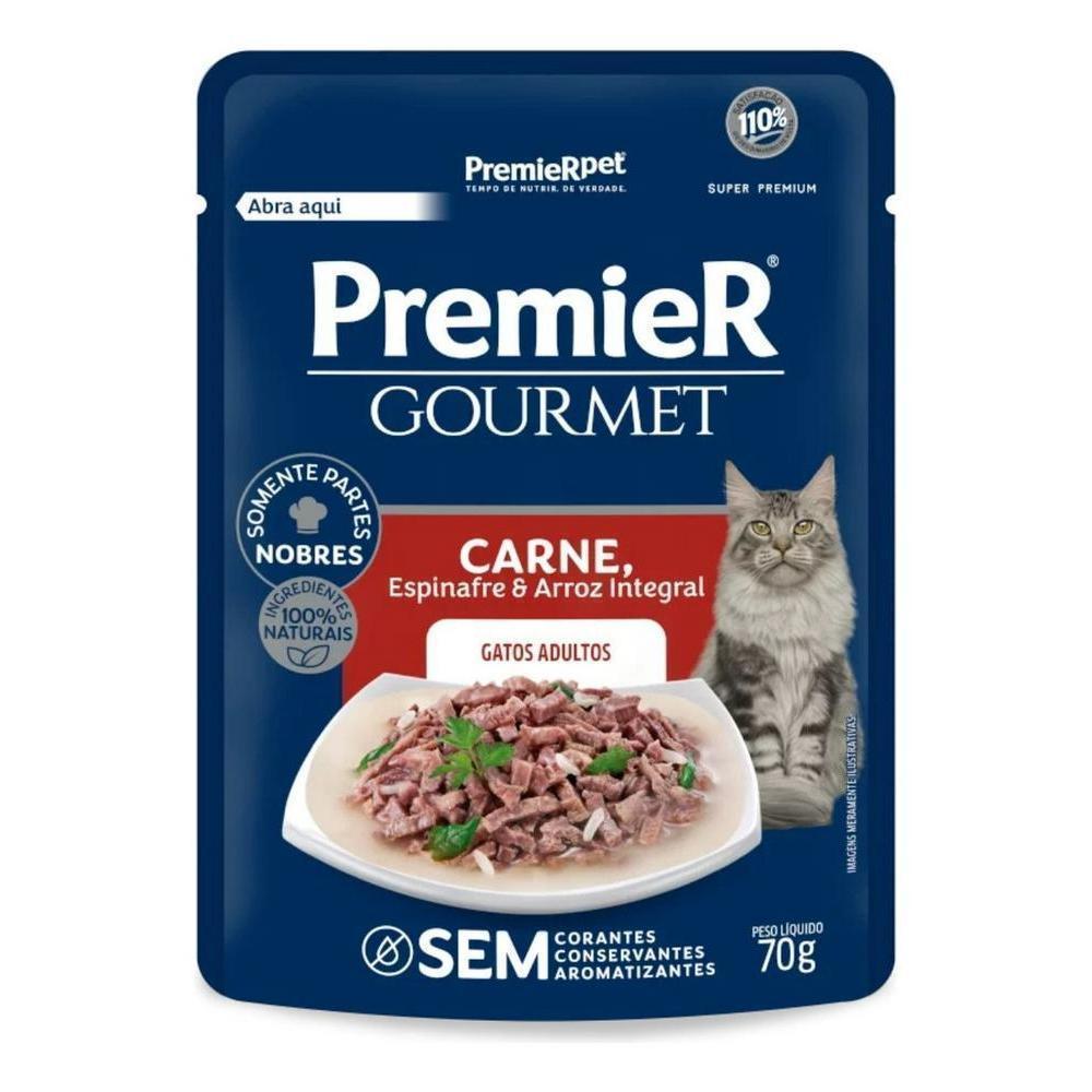 Ração Úmida para Gatos Castrados Adultos Carne, Espinafre e Arroz Integral Premier Gourmet 70G