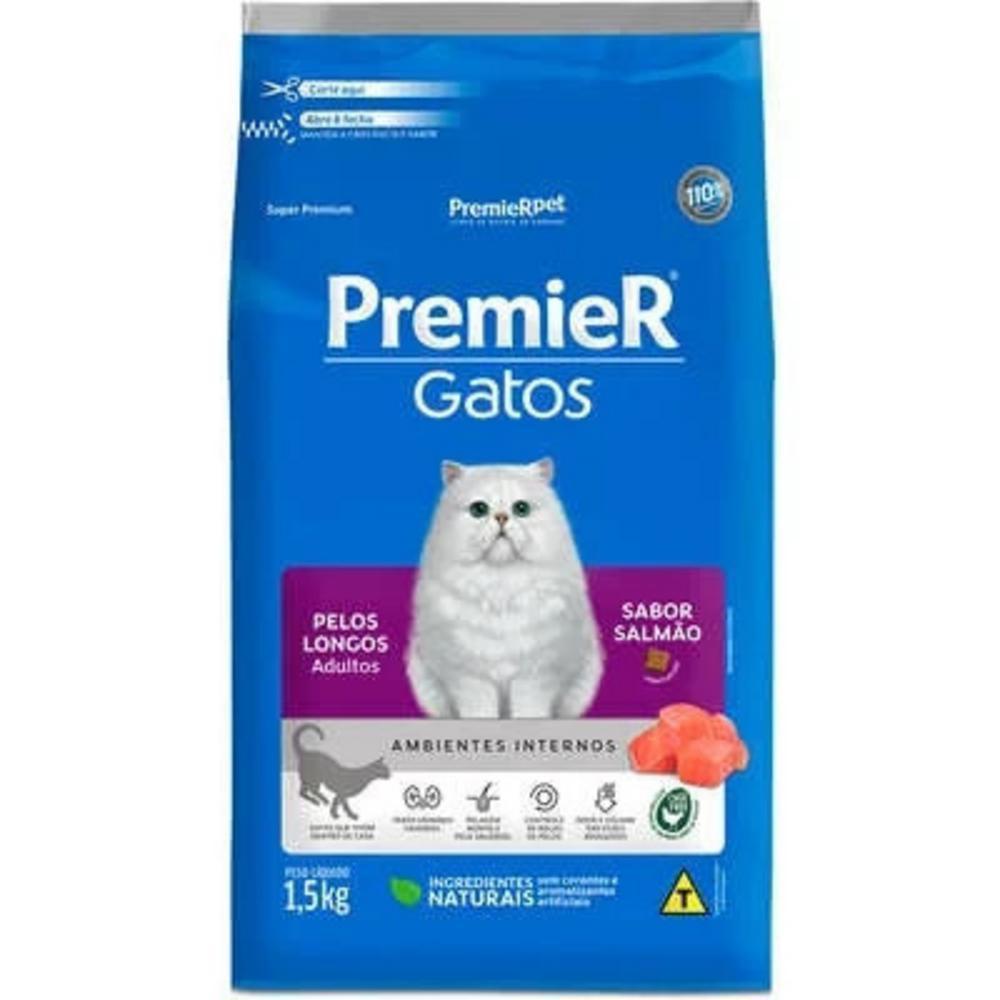 Ração para Ambientes Internos Gatos Adultos Pelo Longo Salmão Premier 1,5Kg