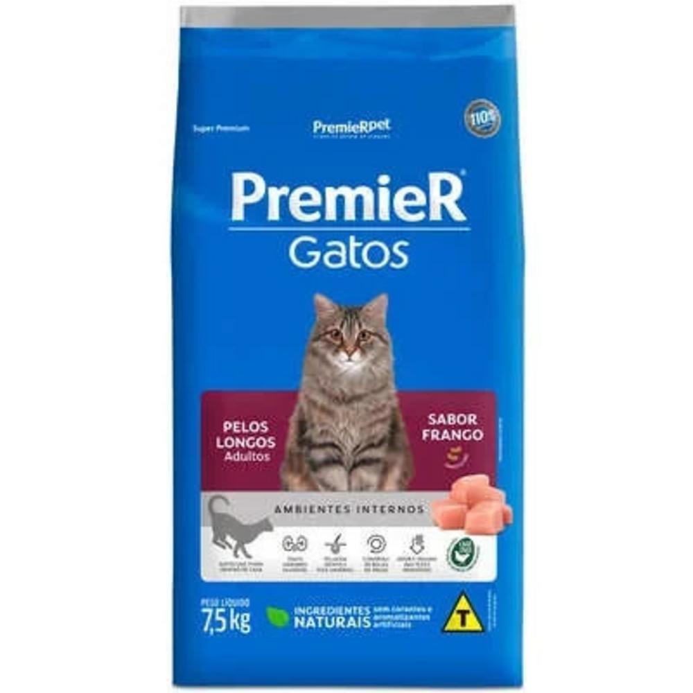 Ração para Ambientes Internos Gatos Adultos Pelo Longo Frango Premier 7,5Kg