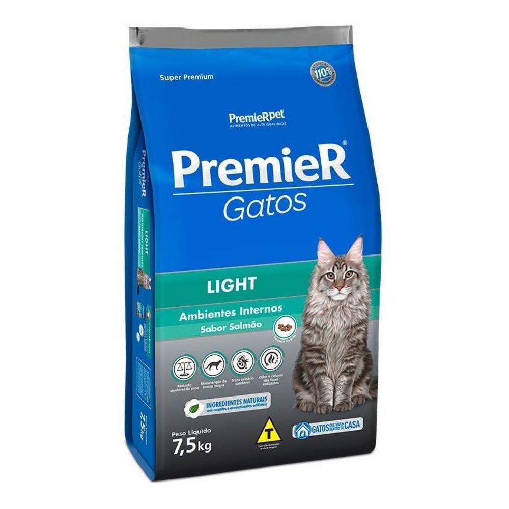 Ração para Ambientes Internos Gatos Adultos Light Sabor Salmão Premier 7,5Kg