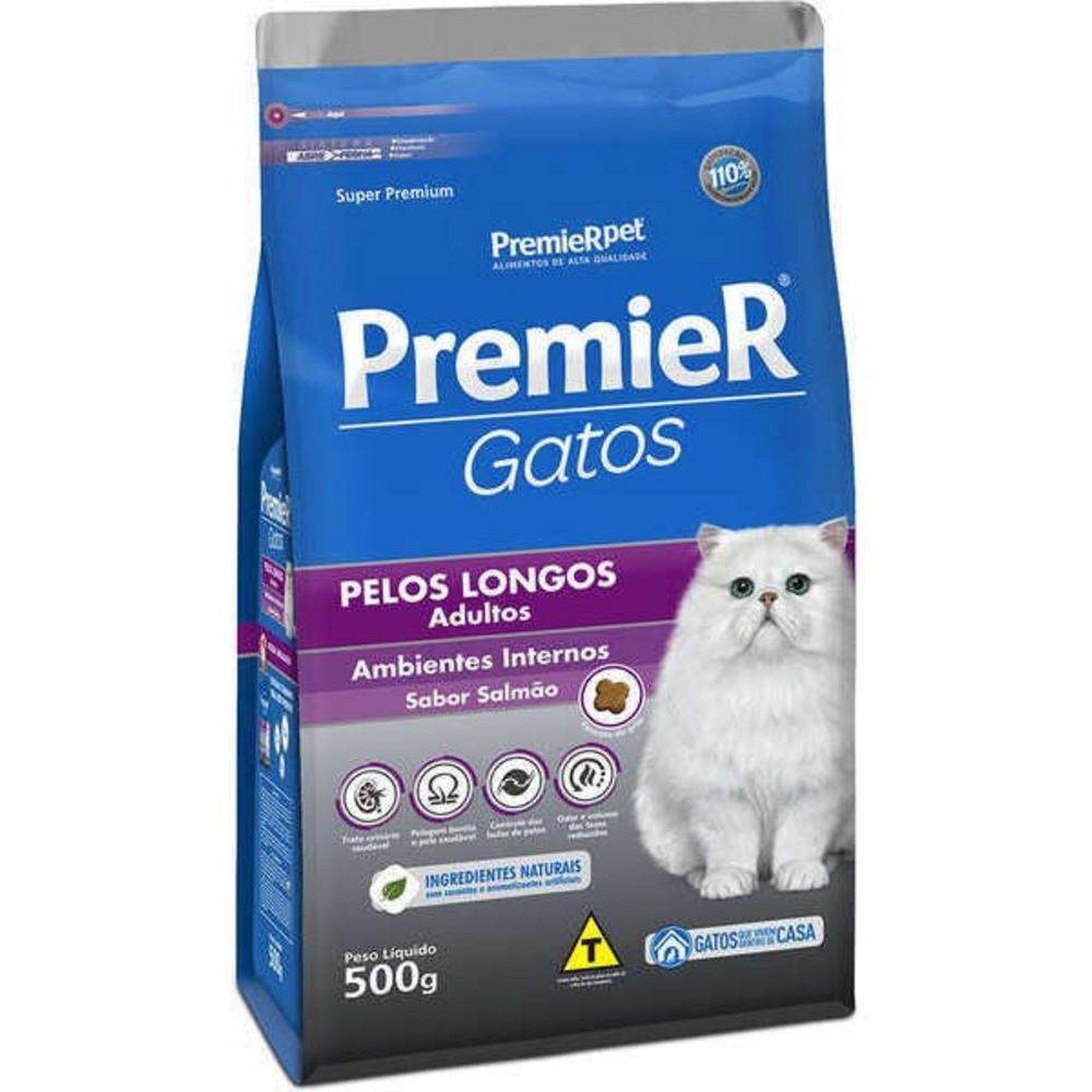 Ração para Ambientes Internos Gatos Adultos Pelo Longo Salmão Premier 0,5Kg
