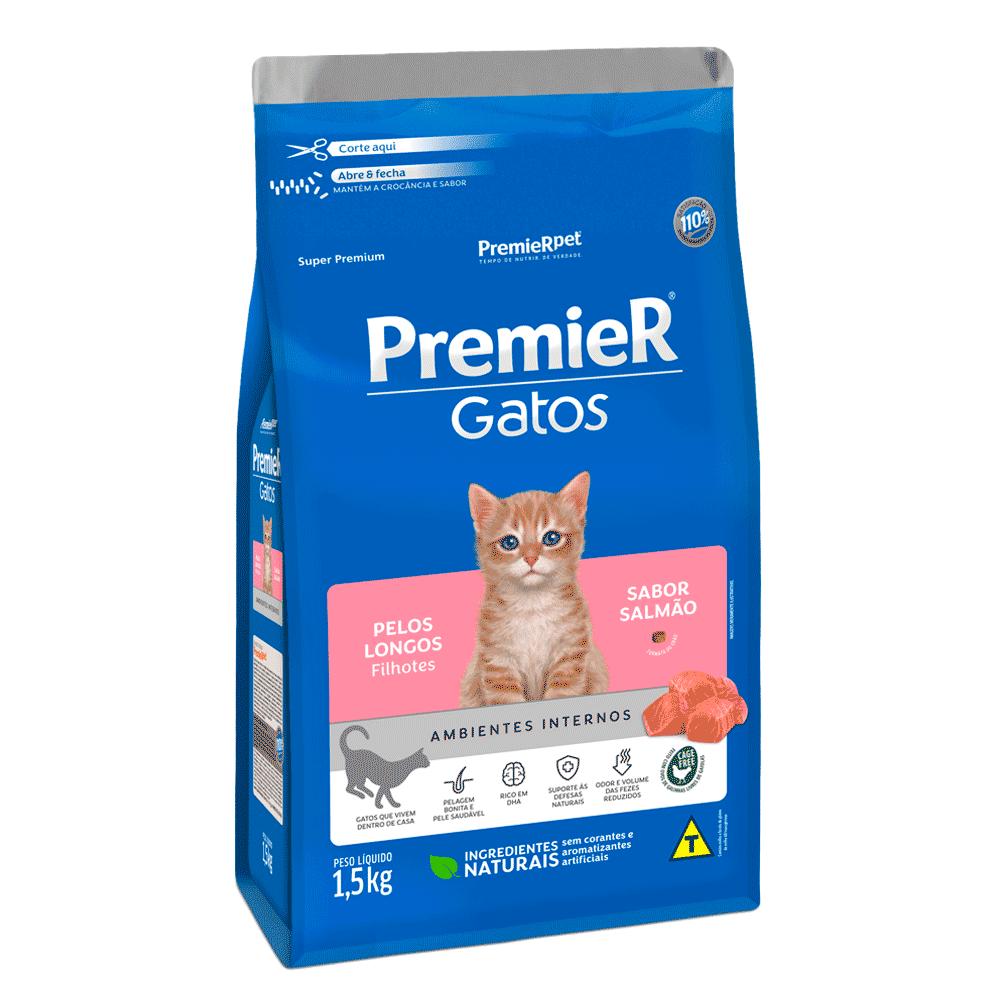 Ração Premier Pet Ambientes Internos Para Gatos Filhotes Pelos Longos Sabor Salmão 500g