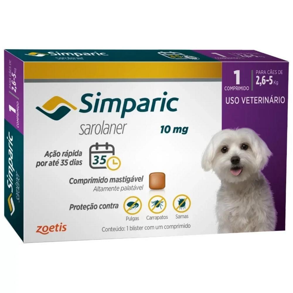 Antipulga Simparic 10Mg para Cães de 2,6 a 5Kg Zoetis Caixa com 1 Comprimido