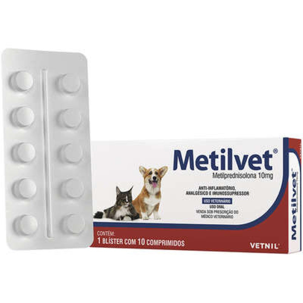 Anti-inflamatório Vetnil Metilvet 10 mg para Cães e Gatos - 10 Comprimidos