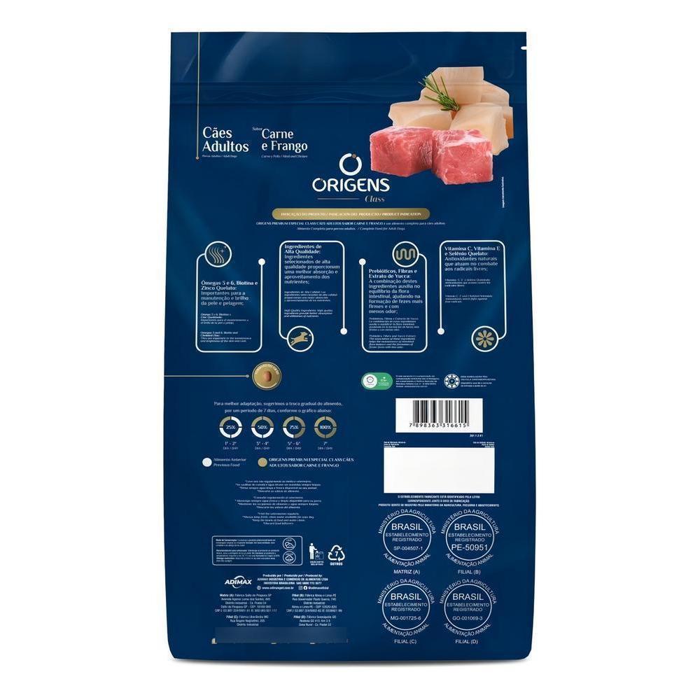 Ração Origens Class para Cães Adultos Sabor Carne e Frango 15kg