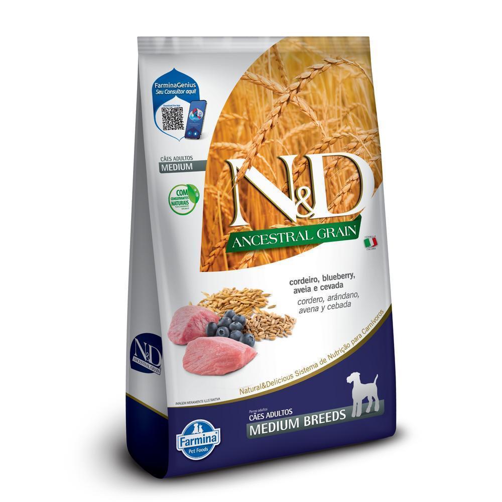 N&D Ancestral para Cães Adultos de Raças Médias Sabor Cordeiro, Blueberry, Aveia e Cevada 10,1Kg