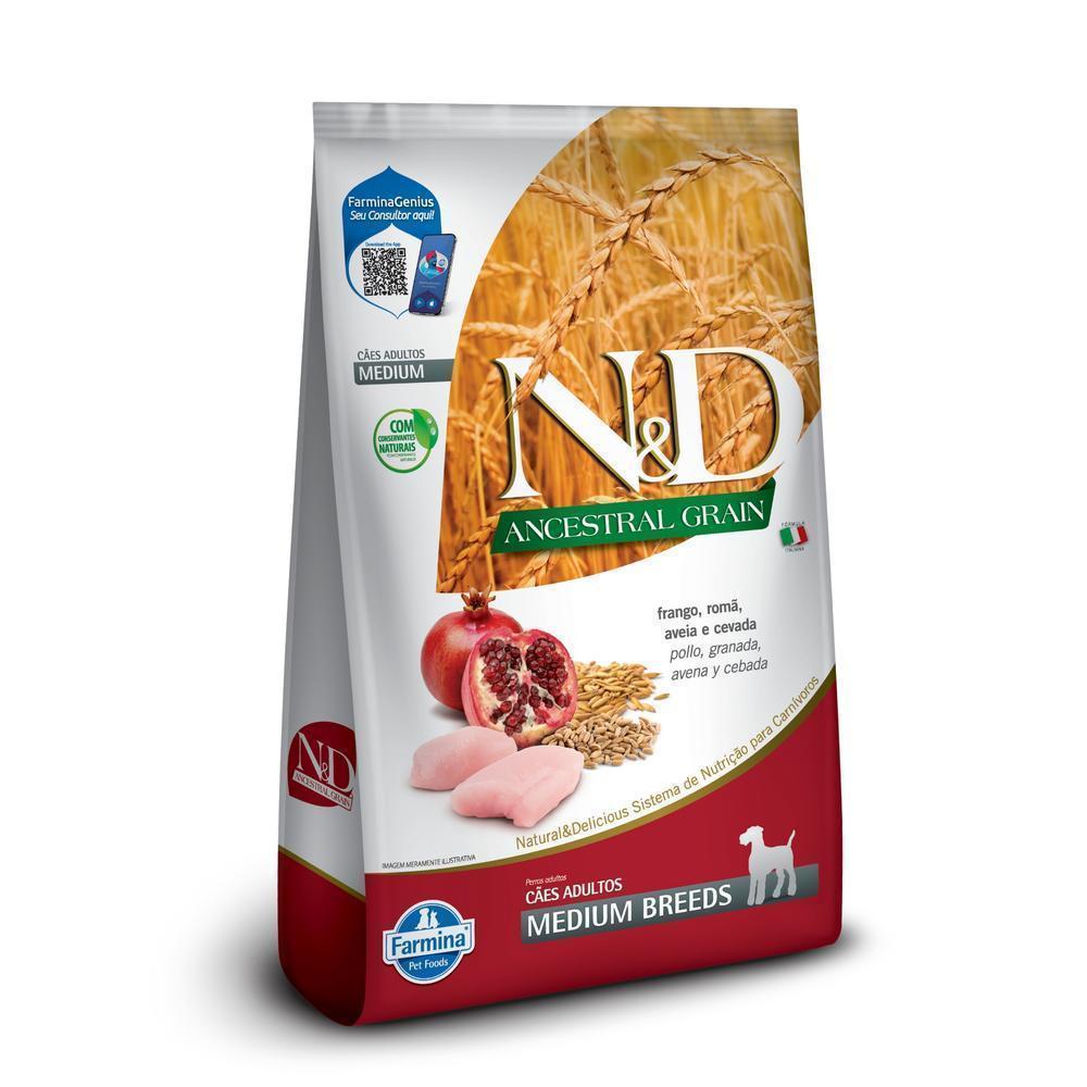 N&D Ancestral para Cães Adultos de Raças Médias Sabor Frango, Romã, Aveia e Cevada 10,1Kg