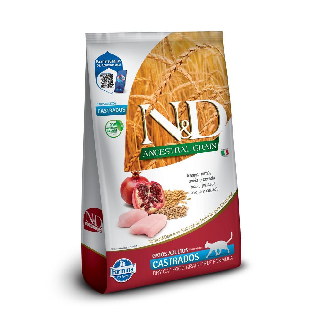 N&D Ancestral para Gatos Adultos Castrados de Todas as Raças Sabor Frango, Romã, Aveia e Cevada 400g