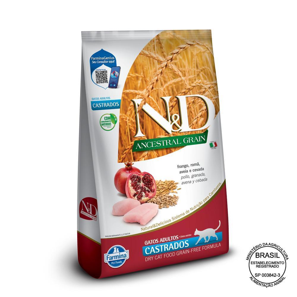 N&D Ancestral para Gatos Adultos Castrados de Todas as Raças Sabor Frango, Romã, Aveia e Cevada 400g