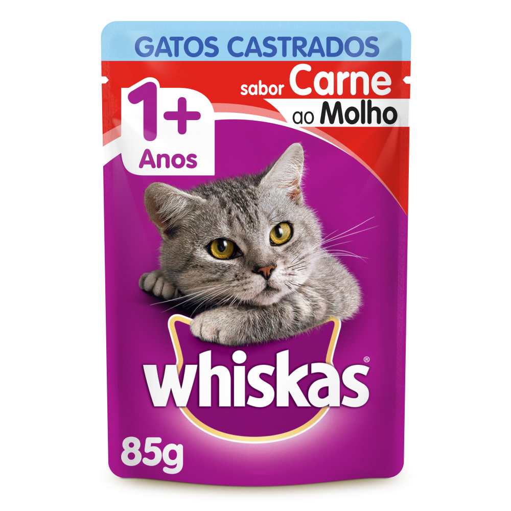 Ração Úmida Whiskas Sachê Carne ao Molho para Gatos Adultos Castrados 85 g 10un