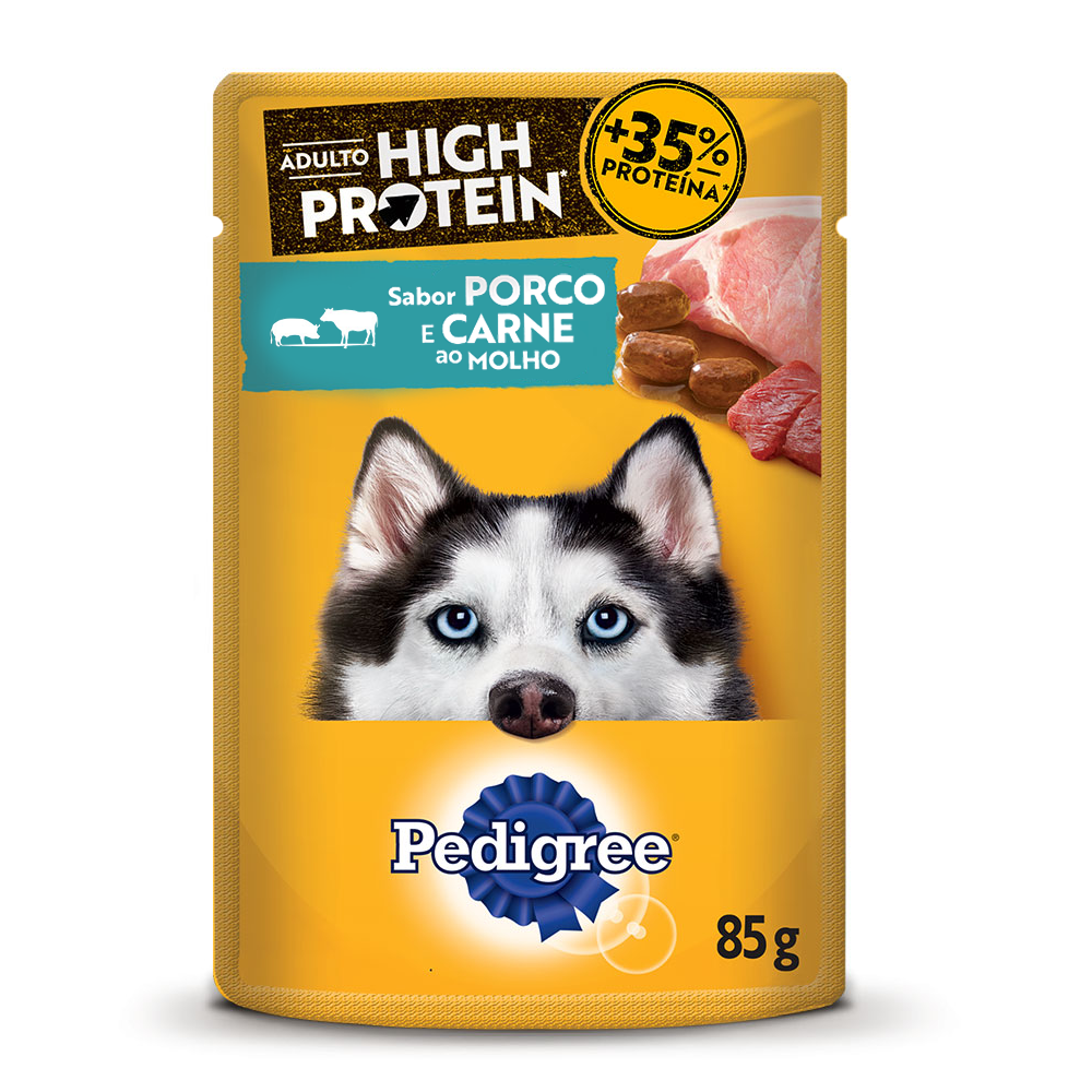 Ração Úmida Pedigree Sachê High Protein Cães Adultos Porco e Carne Ao Molho 85 g 10un