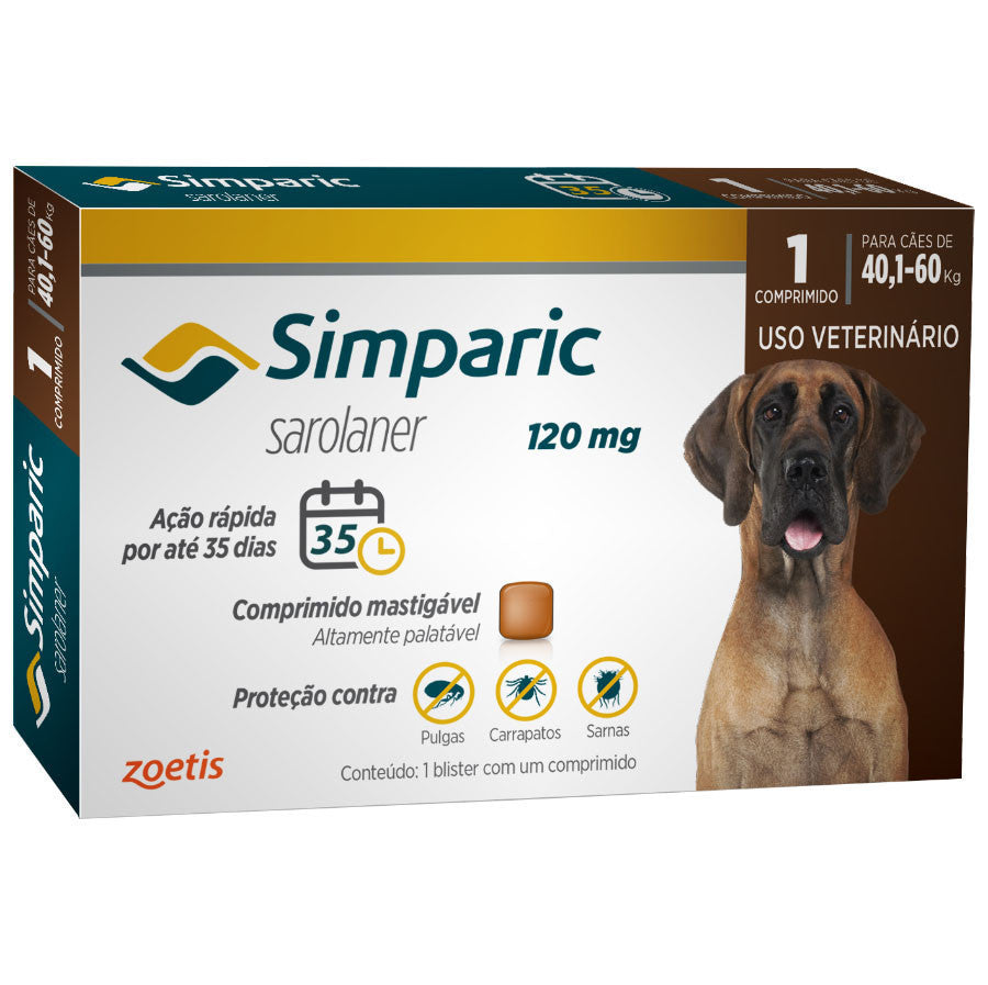 Antipulgas Simparic 120 mg para cães 40,1 a 60 kg - Zoetis 1 Comprimido
