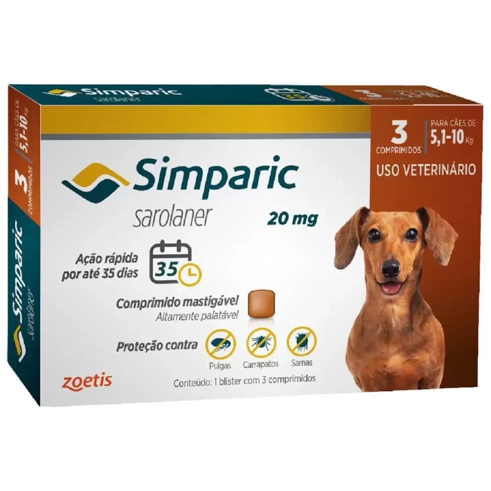 Antipulgas Simparic para Cães de 5,1 a 10 Kg (20 mg) 3 Comprimidos